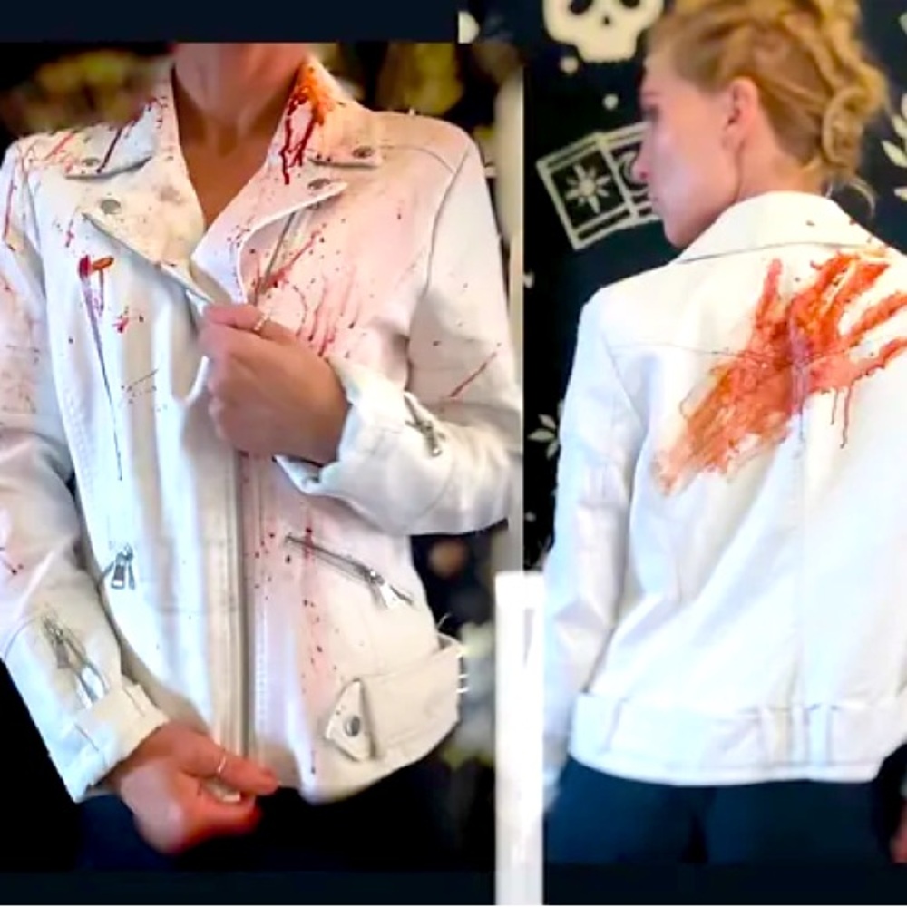 “Blood stained” White faux leather jacket for spooky season and horror lovers